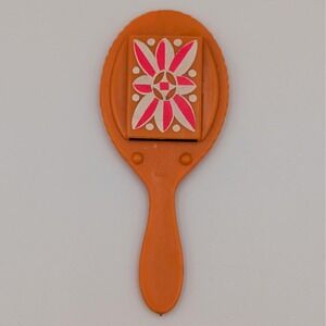 VTG Orange Plastic Hand Mirror USA Flower Retro Mod 1960s 1970s Toy Vanity 5"